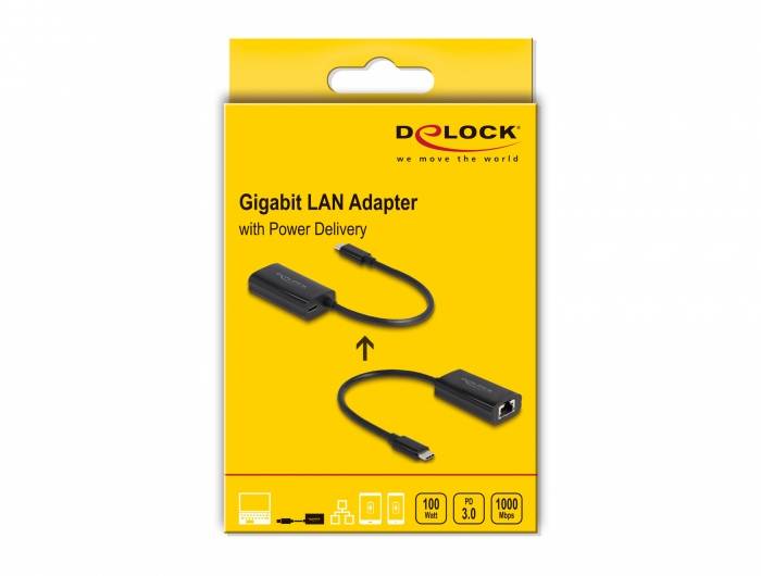 Żółte opakowanie dla adaptera Delock Gigabit LAN z funkcją Power Delivery. Prezentuje adapter z portami USB i Ethernet, ilustracja modelu.