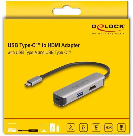 Adapter USB Type-C do HDMI firmy Delock w żółtym opakowaniu, przedstawiający adapter z interfejsami USB Type-A i USB Type-C.
