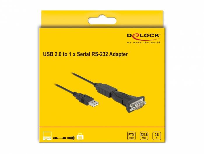 Opakowanie adaptera USB do Serial. Przedstawia kabel z wtyczkami USB i RS-232. Żółte tło, marka 'Delock'.