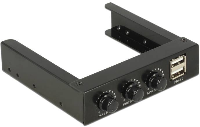 Czarny kontroler wentylatorów z trzema pokrętłami regulacyjnymi i dwoma portami USB 2.0, przeznaczony do wewnętrznego montażu w komputerze.
