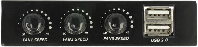 Czarna przednia płyta z trzema regulatorami prędkości wentylatorów 'Fan1 Speed', 'Fan2 Speed', 'Fan3 Speed' oraz dwoma portami USB 2.0.