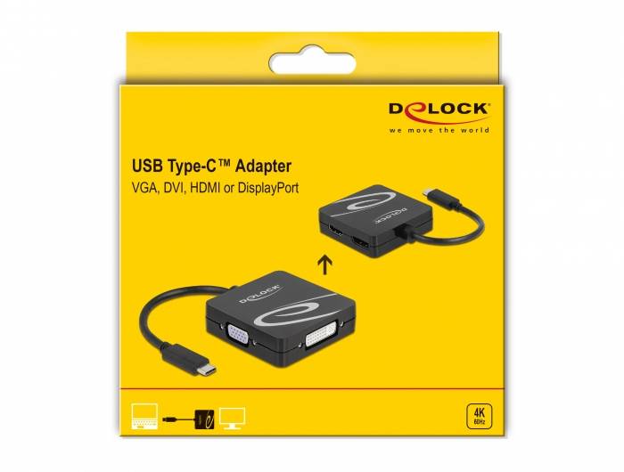 Żółte opakowanie adaptera USB Type-C firmy Delock, przeznaczonego do VGA, DVI, HDMI lub DisplayPort, z ilustracją adaptera i logotypami.