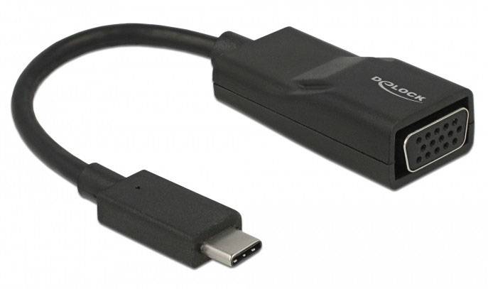 Czarny adapter z USB-C na VGA, odpowiedni do podłączenia monitora do urządzeń z interfejsem USB-C.