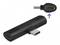 Czarny adapter USB-C z bocznym portem i wtyczką, obok zbliżenia złącza. Niebieski strzałka wskazuje na drugi port.