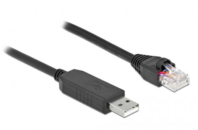 Czarny kabel z wtykiem USB po jednej stronie i wtykiem Ethernet po drugiej stronie, przeznaczony do przesyłania danych.