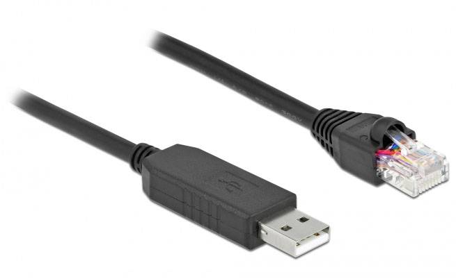 Czarny kabel z wtyczką USB po jednej stronie i złączem RJ45 Ethernet po drugiej stronie, używany do połączeń sieciowych.
