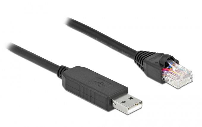 Czarny kabel USB do RJ45, używany do łączności sieciowej i przesyłania danych między urządzeniami.