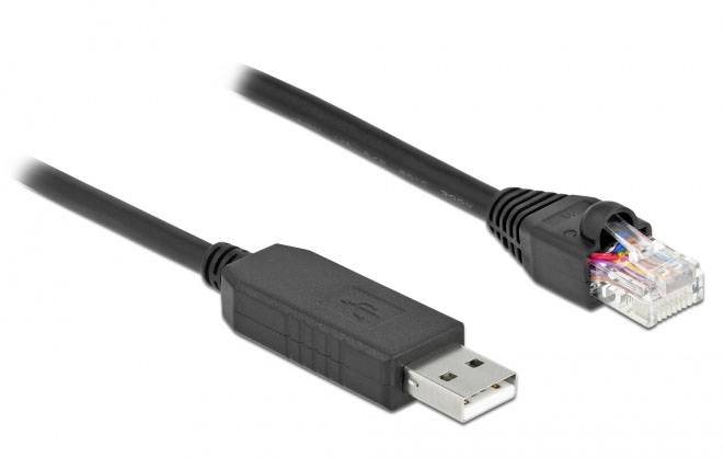 Czarny kabel z wtyczką USB-A po jednej stronie i wtyczką sieciową RJ45 po drugiej stronie.