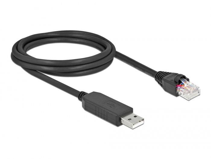 Kabel USB do Ethernet na białym tle, pokazujące końcówkę adaptera do złącza USB oraz wtyczkę sieciową do podłączenia Ethernetu.