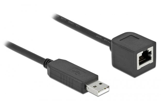 Adapter USB do Ethernet z wtyczką USB po lewej stronie i gniazdem Ethernet po prawej stronie.