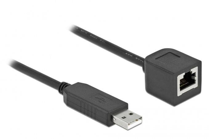 Kabel adapter USB na Ethernet z wtyczką USB po lewej stronie i gniazdem Ethernet po prawej stronie. Odpowiedni do łączenia urządzeń z różnymi złączami.