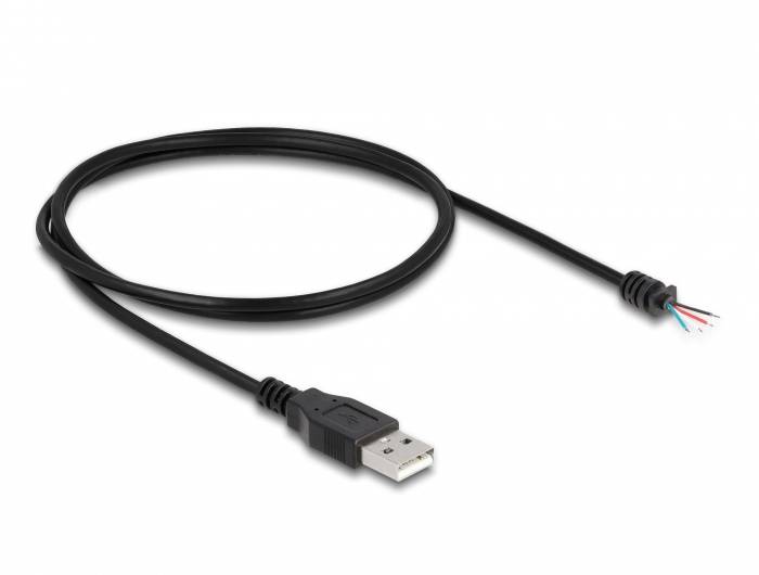 Czarny kabel USB z wtyczką po jednej stronie i odkrytymi, kolorowo oznaczonymi przewodami po drugiej stronie.