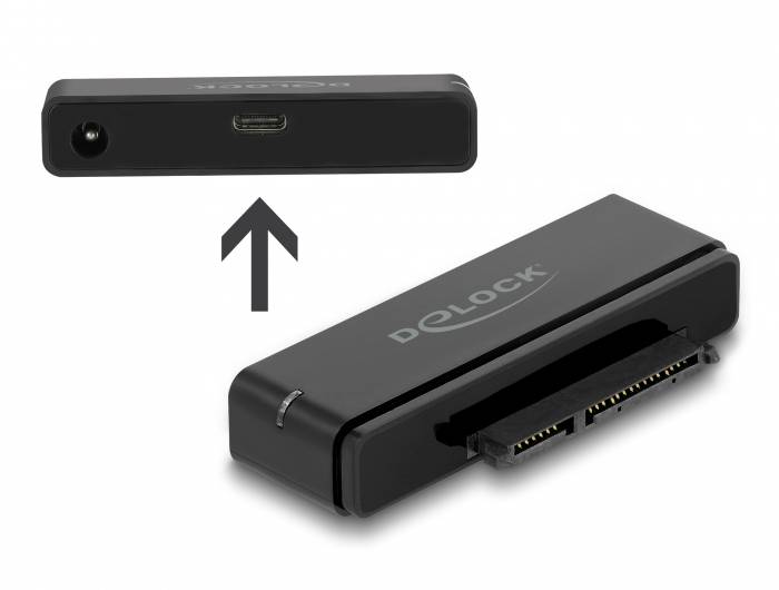 Czarny adapter SATA Delock do dysków twardych, pokazujący złącze dla kabla SATA oraz port USB-C. Idealny do przesyłania danych.