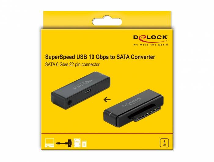 Żółto-pomarańczowe opakowanie konwertera Delock USB 10 Gbps do SATA, przedstawione z podłączonymi przewodami, nazwa produktu widoczna u góry.