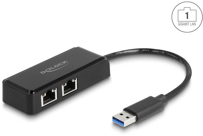 Czarny adapter sieciowy z dwoma portami Ethernet i wtyczką USB. Logo Delock jest widoczne na górnej powierzchni.
