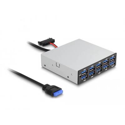 Srebrna zewnętrzna obudowa dysku twardego z ośmioma portami USB 3.0 oraz dwoma złączami kablowymi do przesyłu danych.