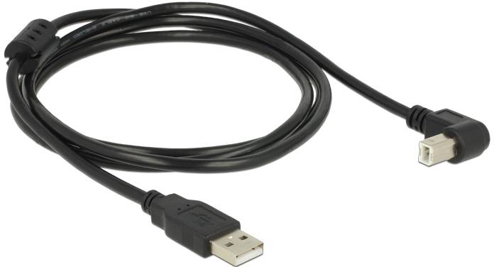 Czarny kabel USB z standardowym złączem USB na jednym końcu i złączem USB-B kątowym na drugim końcu.