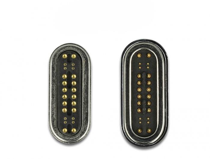 Dwa elektryczne złącza magnetyczne o owalnym kształcie, z wieloma stykami w kolorze złotym, na białym tle.