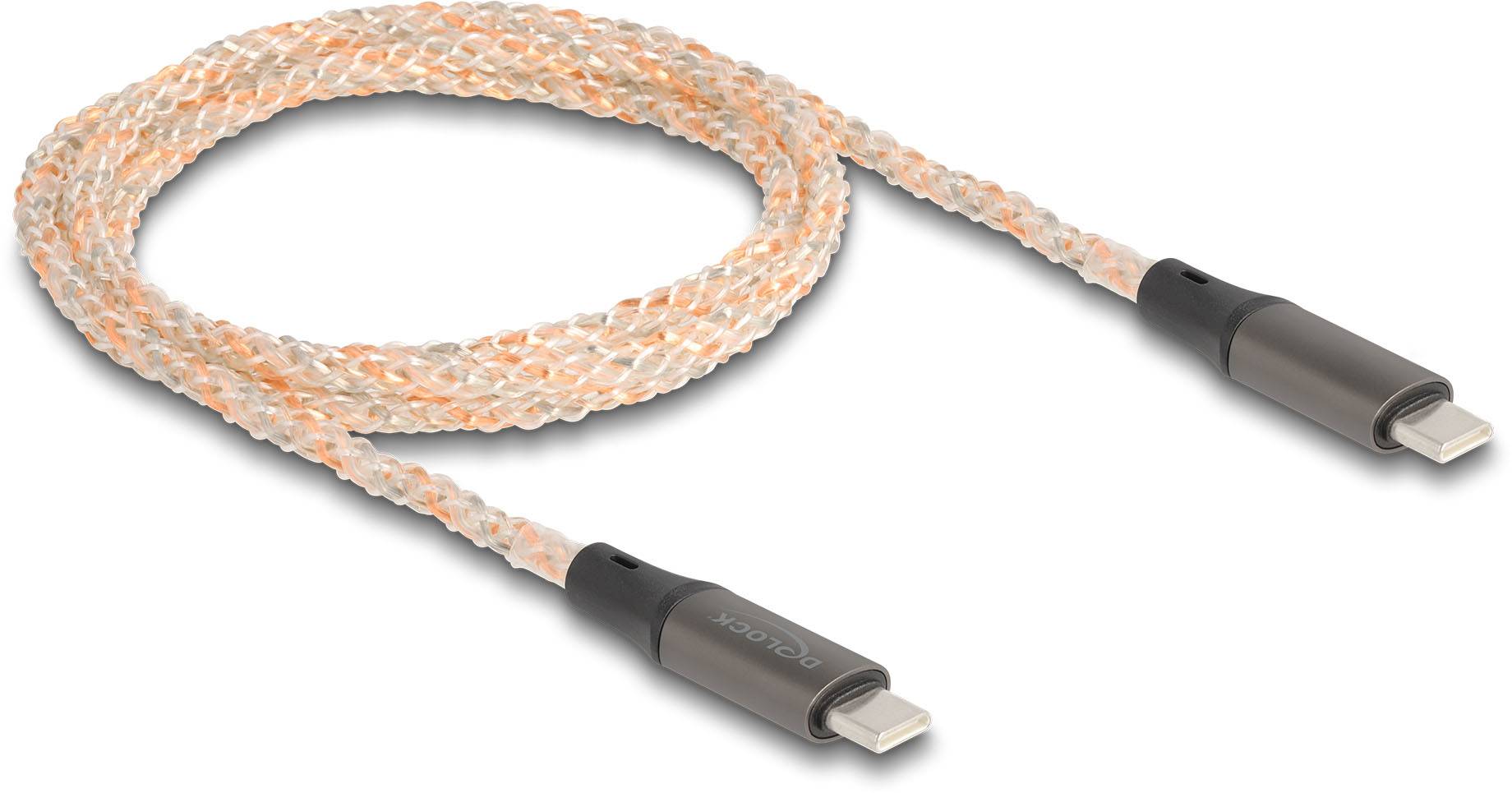 Pleciony kabel USB-C do Lightning w jasnym pomarańczowym kolorze. Odpowiedni do przesyłania danych i ładowania urządzeń mobilnych.
