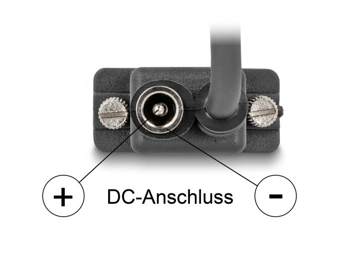 Złącze prądu stałego (DC) oznaczone symbolami '+' i '-'; wskazuje biegunowość wtyczki dla prawidłowego podłączenia urządzenia.