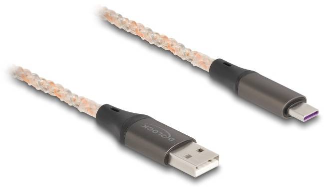 Kabel USB z wtyczką USB-A po jednej stronie i wtyczką USB-C po drugiej stronie, oba końce są czarne.