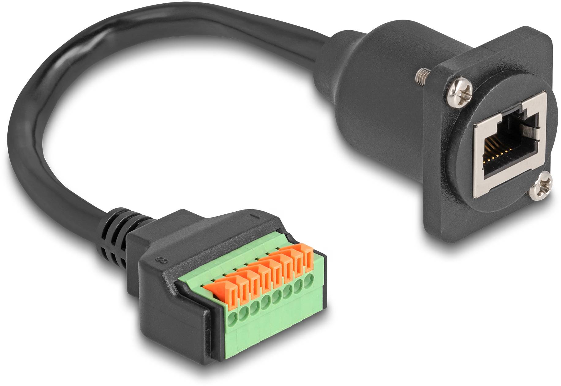 Kabel adaptera z gniazdem Ethernet po prawej stronie i zaciskami przyłączeniowymi po lewej stronie do podłączeń elektrycznych.