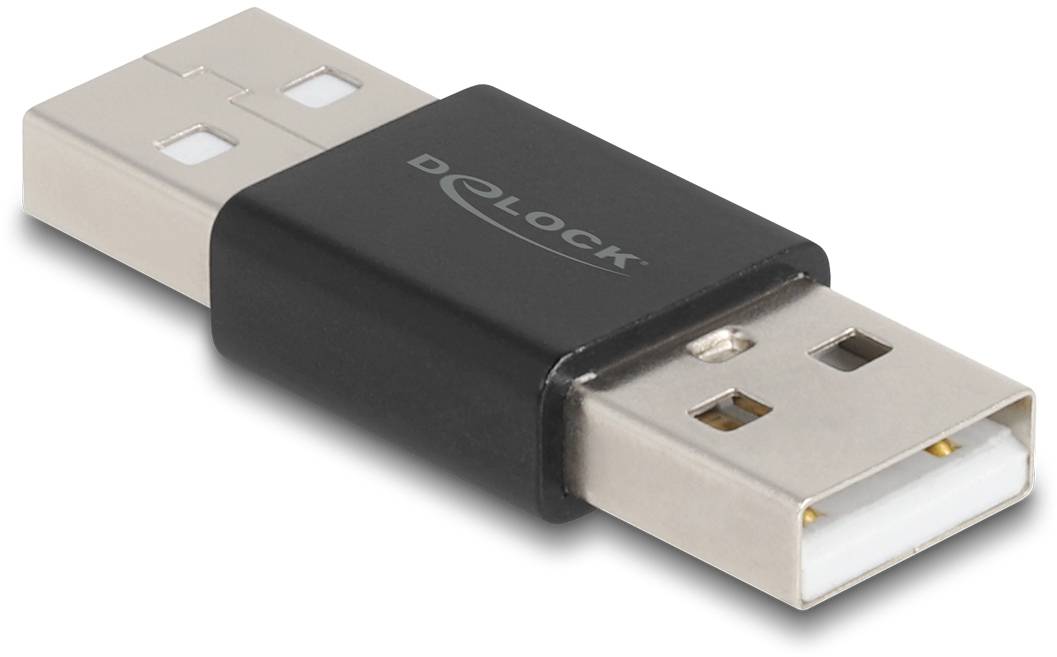 Czarny adapter USB z napisem 'DELOCK'. Adapter posiada złącze USB męskie po obu stronach.