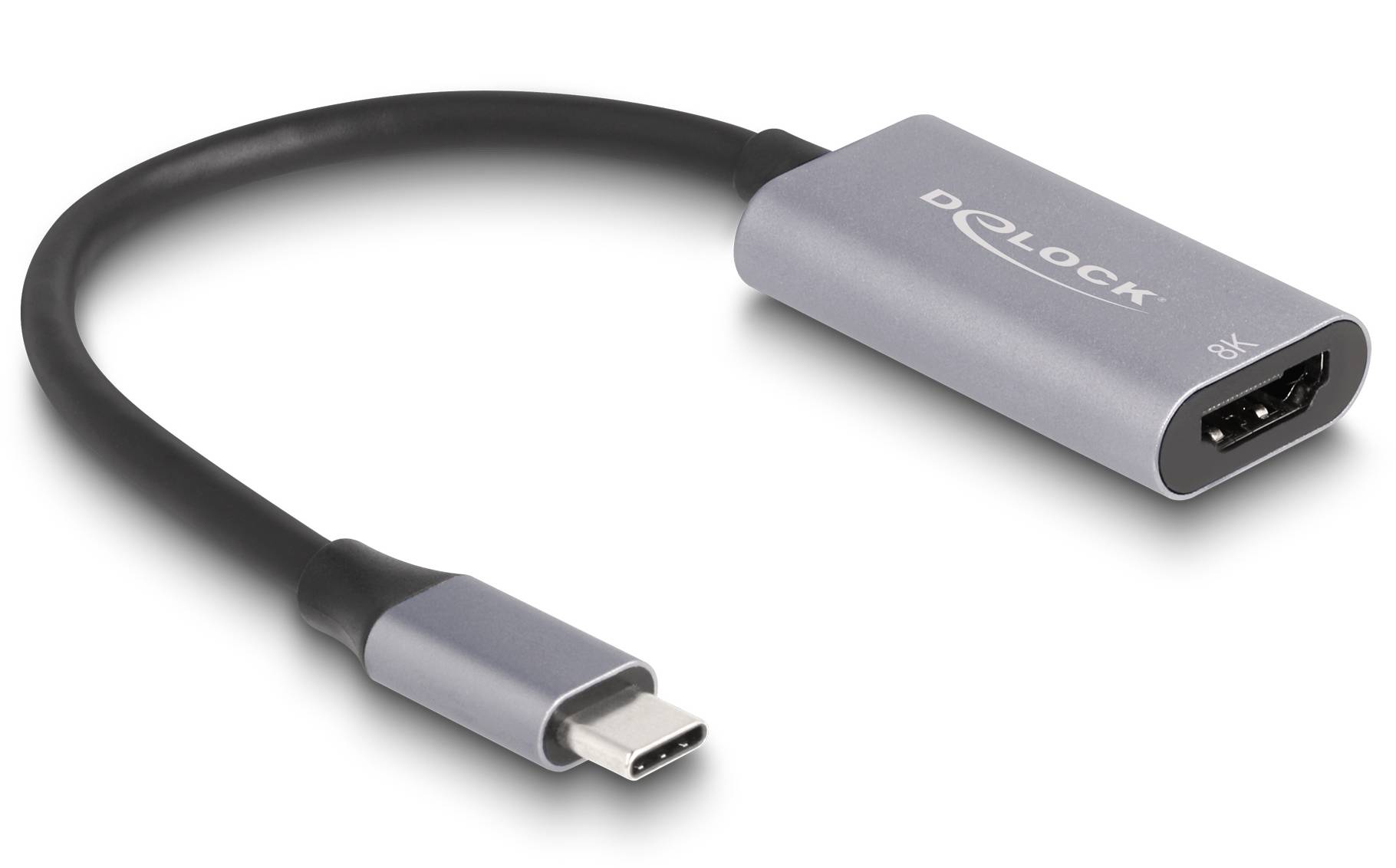 Adapter USB-C do HDMI firmy Delock, odpowiedni do transmisji w rozdzielczości 8K. Czarny kabel z szarymi złączami łączy urządzenia z telewizorem.