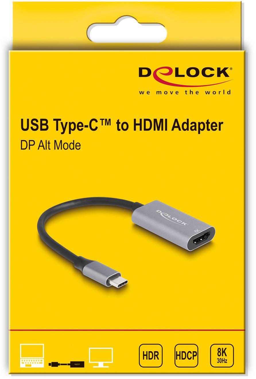Żółte opakowanie adaptera Delock USB Type-C na HDMI, obsługujący tryb DP Alt Mode, HDR, HDCP, 8K przy 30 Hz.