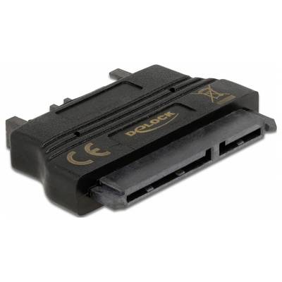 Adapter 'Delock' z przyłączem napędu SATA. Kompaktowy, czarny, z oznaczeniem CE. Złącze do przesyłu danych.