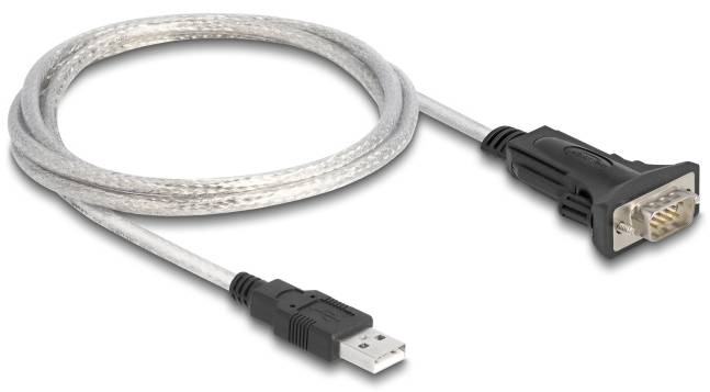 Kabel adaptera USB do Serial z srebrnym oplotem i czarnymi złączkami, łączące komputer ze starszymi urządzeniami.