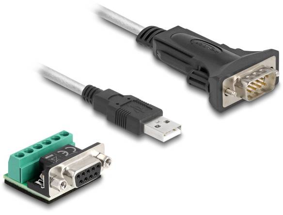 Konwerter USB na RS232 z kablem i adapterem. Adapter posiada kilka złączy, odpowiednich dla interfejsów szeregowych.