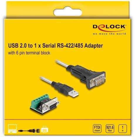Adapter DELOCK USB 2.0 na RS-422/485 z 6-pinowym blokiem zaciskowym, przedstawiony na żółtym opakowaniu z ilustracją kabla i wtyczki.