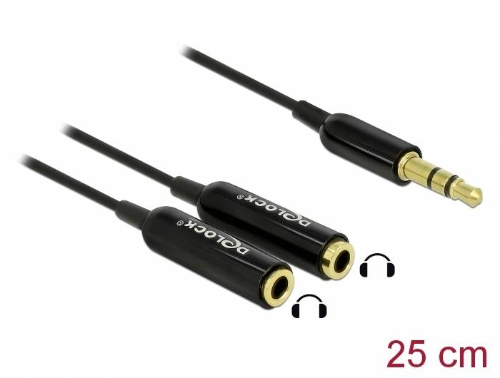 Kabel adapter z dwoma gniazdami jack 3,5 mm i jedną wtyczką jack 3,5 mm, długość 25 cm, odpowiedni do podłączenia słuchawek.