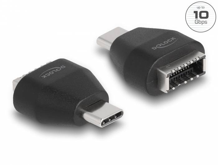 'Dwa czarne adaptery USB-C na HDMI firmy Delock, które obsługują transmisję danych do 10 Gb/s.'