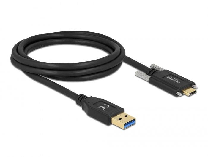 Czarny kabel USB z wtyczką USB-A i USB-C jest zwinięty w rolkę.