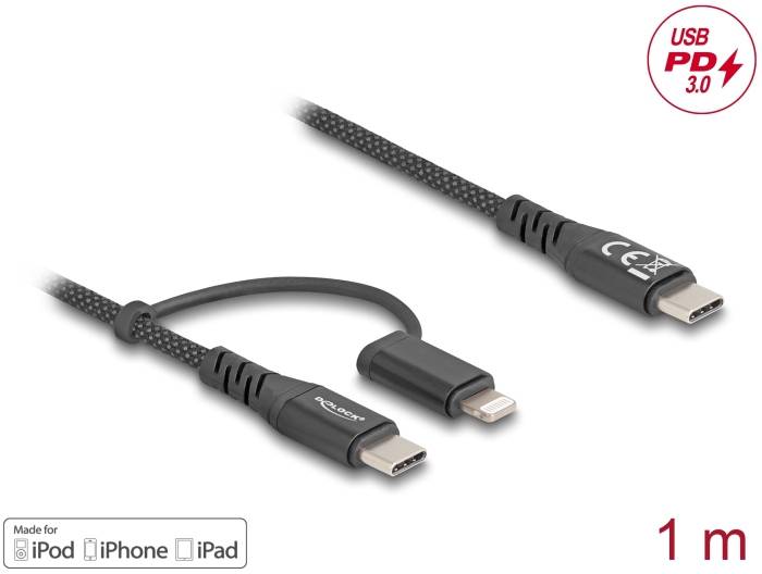 Kabel USB PD 3.0, 1 m, z wejściami USB-C i Lightning do iPoda, iPhone'a, iPada. Czarny kabel z plecionym wzorem.