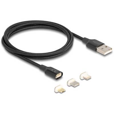 Czarny kabel USB z wymiennymi końcówkami: micro-USB, USB-C i Lightning. Idealny dla różnorodnych opcji ładowania.