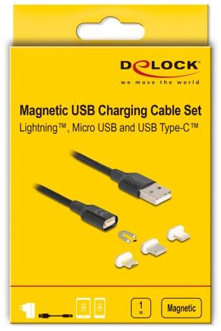 Zestaw magnetycznego kabla ładującego, kompatybilny z Lightning™, Micro USB oraz USB Type-C™. Zawiera kabel i magnetyczne adaptery.