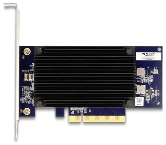 Karta rozszerzeń PCIe firmy Delock, niebieska płytka PCB z czarnym radiatorem, czterema stykami i trzema gniazdami, przeznaczona do użytku komputerowego.