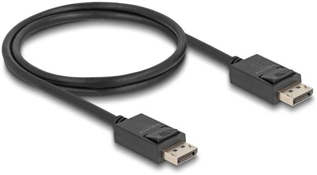 Czarny kabel DisplayPort z dwoma wtyczkami, odpowiedni do podłączenia monitorów i komputerów do transmisji cyfrowej.