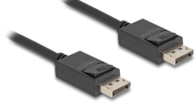 Kabel DisplayPort z dwoma wtyczkami, każda oznaczona logo 'dp' i napisem 'DisplayPort'. Używane do monitorów i urządzeń graficznych.