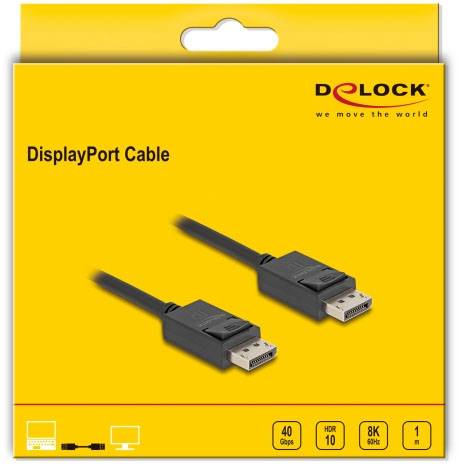 Opakowanie przewodu DisplayPort firmy Delock, odpowiedniego dla rozdzielczości 8K i HDR10, obsługującego do 40 Gb/s szybkości przesyłania danych.