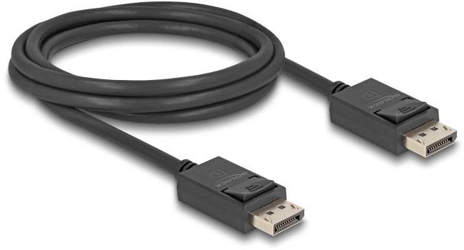 Czarny kabel DisplayPort z wtyczkami na obu końcach, przeznaczony do podłączania monitorów do komputerów lub innych urządzeń.