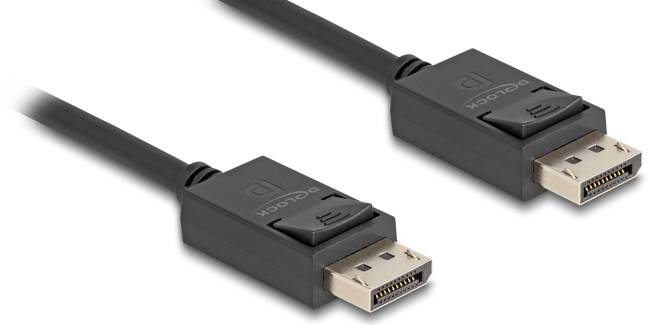 Dwa czarne kable DisplayPort ze złoconymi wtyczkami. Stosowane do przesyłania sygnałów wideo i audio między urządzeniami.