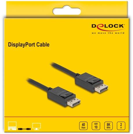 Kabel DisplayPort, żółte opakowanie, z przedstawionymi dwoma kablami. Obsługa 40 Gbps, HDR10, 8K. Marka: DeLOCK.