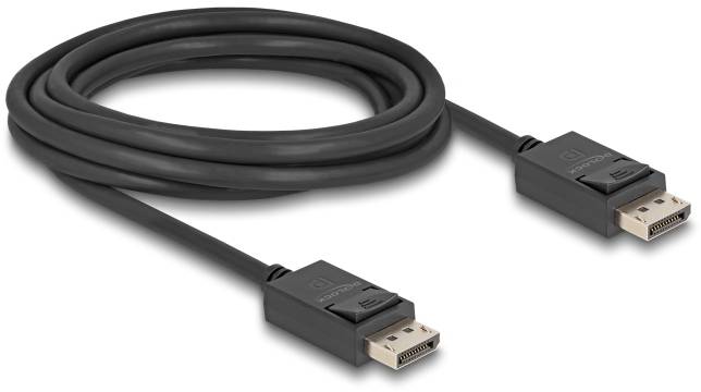 Czarny kabel DisplayPort z dwoma wtyczkami. Służy do przesyłania sygnałów wideo i audio między urządzeniami, takimi jak komputery i monitory.