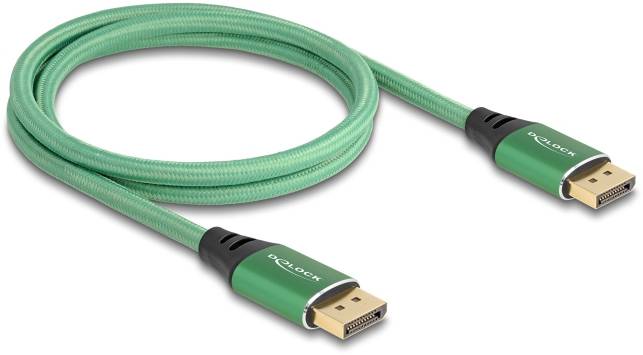 Zielony kabel DisplayPort z dwoma wtykami, odpowiedni do podłączania monitorów i komputerów do przesyłania sygnałów wideo i audio.