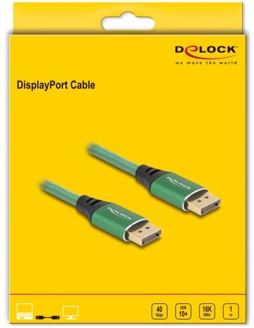 Opakowanie kabla DisplayPort firmy DeLock, przedstawiające dwa zielone wtyki kabla DisplayPort. Obsługuje 40 Gb/s, HDR 10+, 16K.