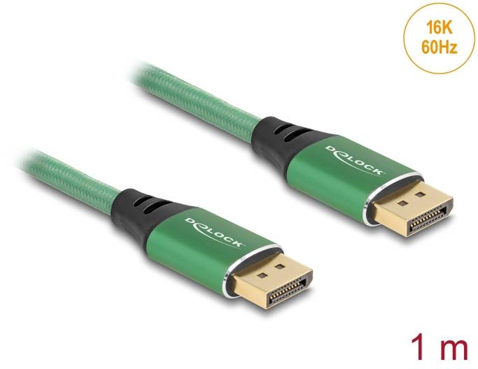 Kabel DisplayPort, zielony, 1 metr, odpowiedni dla rozdzielczości 16K przy 60Hz. Idealny do wysoko rozdzielczych połączeń wideo.
